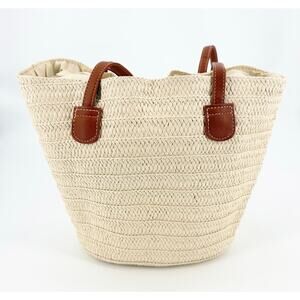 Straw Woven Tote Bag NWOT Large Beach Bag Brown Faux Leather Straps Summer Purse